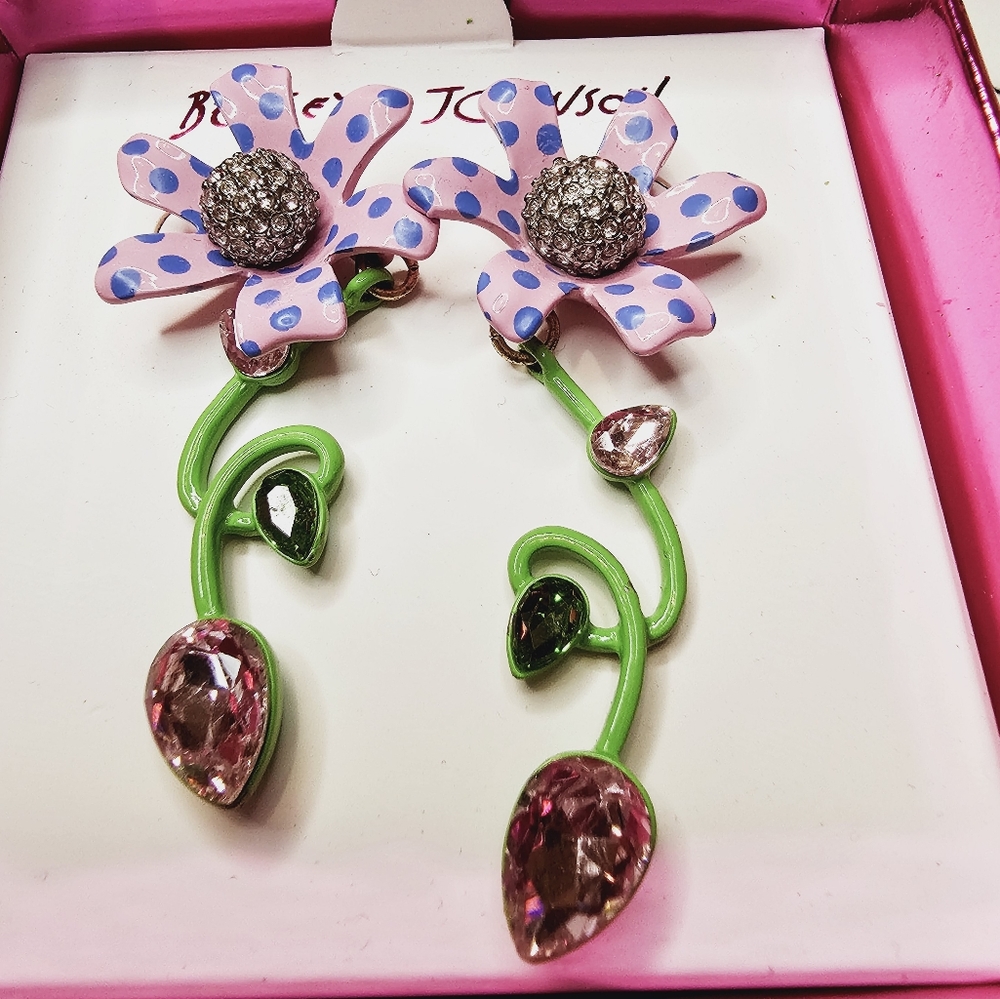 Betsey Johnson whimsical earrings featuring pink polka dot flower